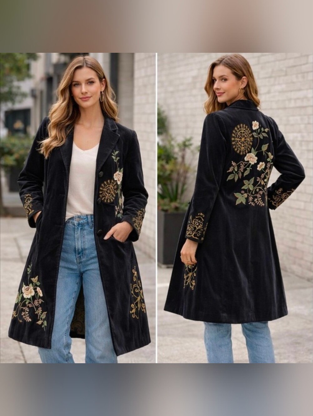 CAbi Black Velvet Embroidered Floral Blazer Coat, sz 6